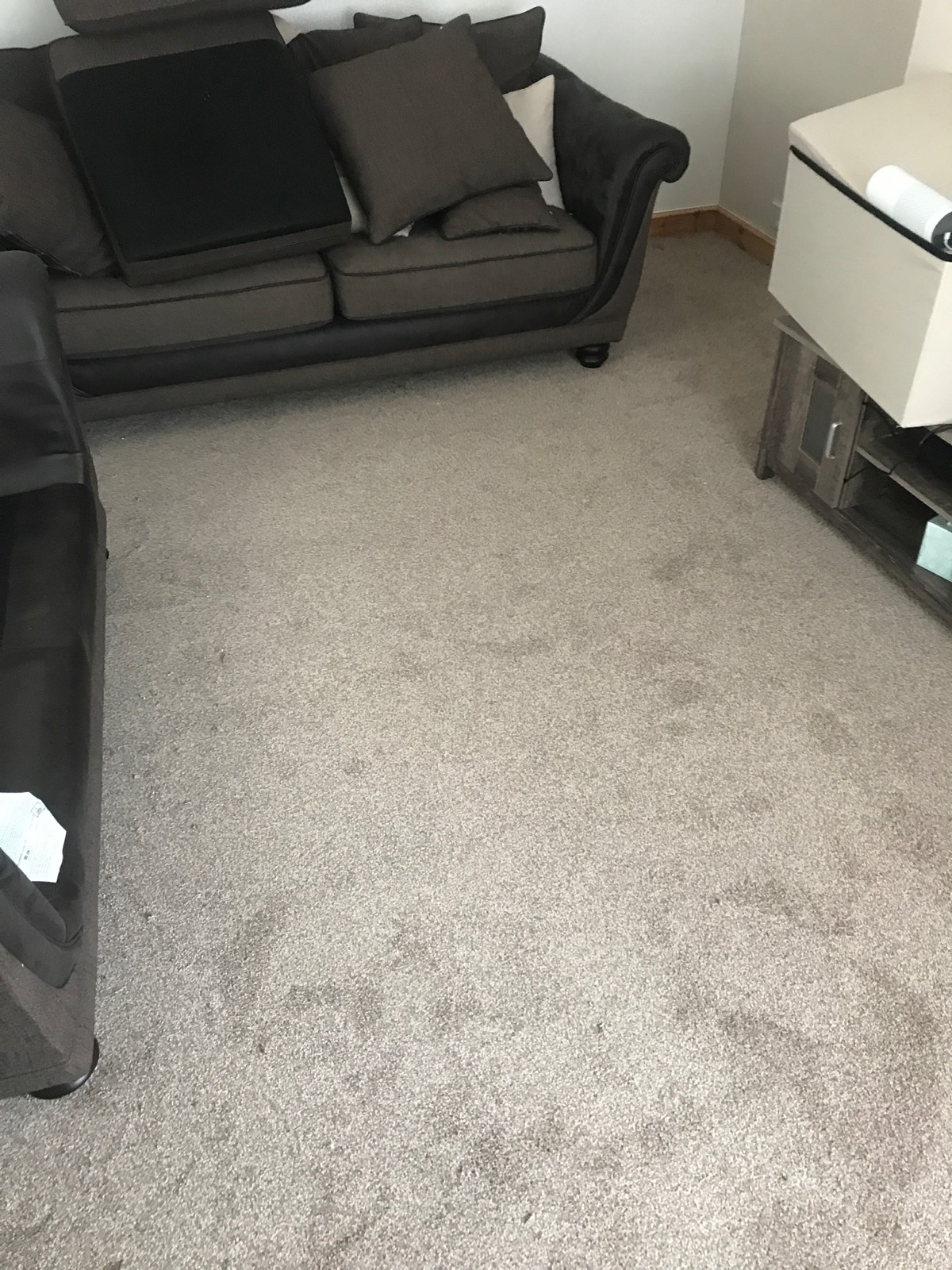 silver carpet in living room with black sofa 