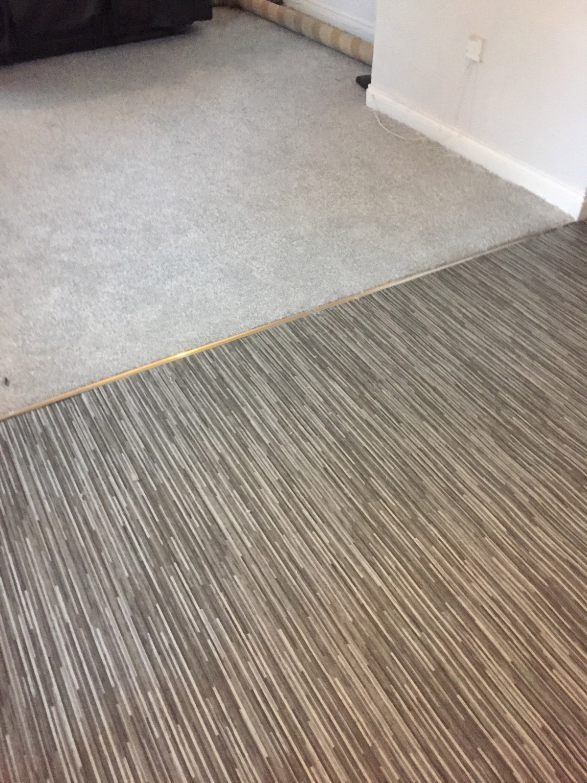 living room split by half silver carpet and half grey patterned vinyl flooring