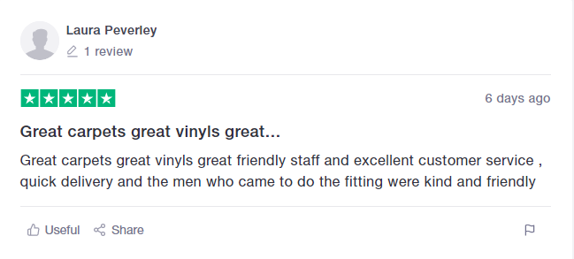Screenshot of Trustpilot review from customer that loves their new vinyl in their home.