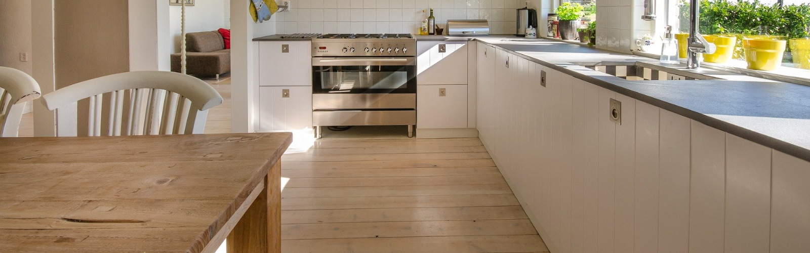 Image of laminate flooring in kitchen with sunset lighting